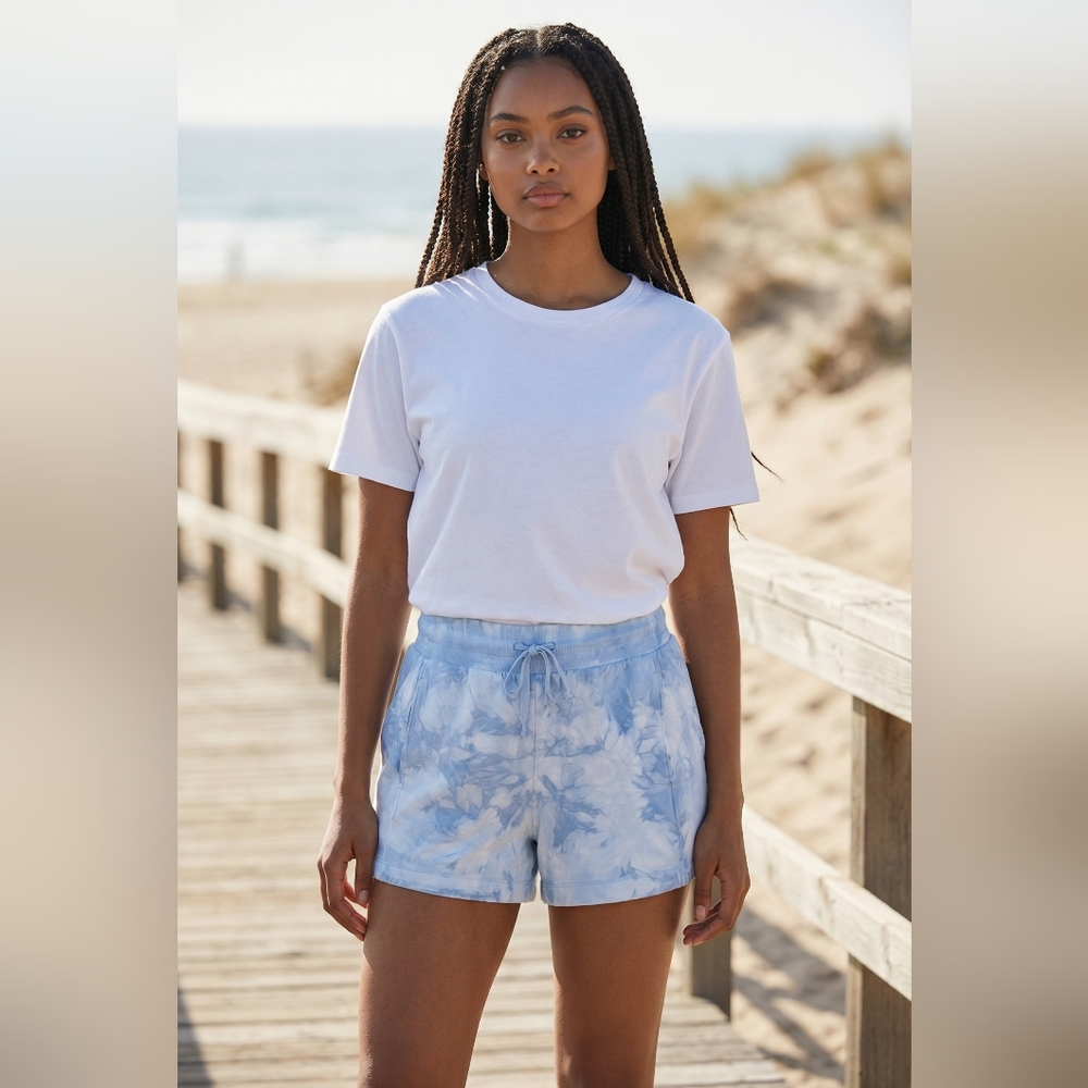 Modal Blend All In Motion Women's Tie-Dye Blue Shorts, Super Soft, 4" Inseam EUC